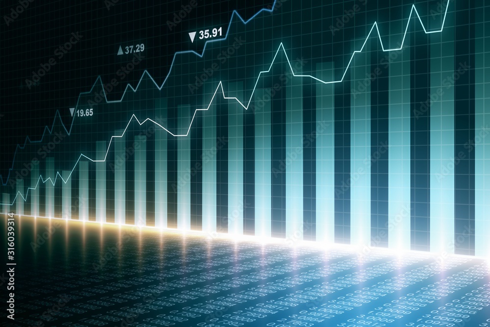 Poster Close up of financial chart on dark background with reflections, trading concept. 3D Rendering