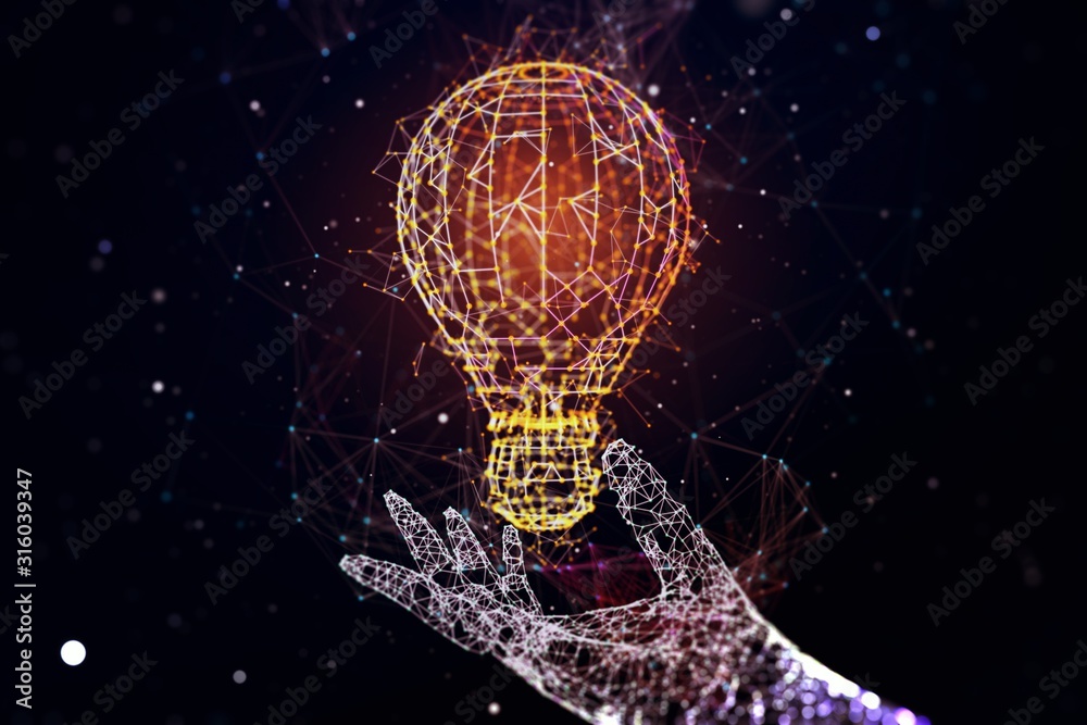 Poster Digital illustration of hand holds a light bulb symbol, idea and creative concept. 3D Rendering