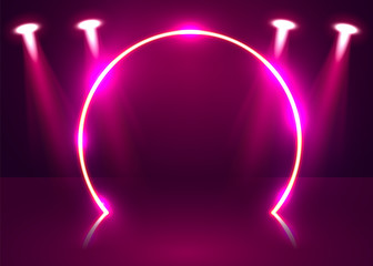 Neon show light podium futuristic background. Vector