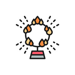 Fire circle, ring of flame, circus arena flat color line icon.