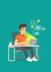 Man Sitting at Office Desk at Computer People Using Laptop and Internet Network Technology for Work Employee Workplace in Office Space Flat Vector Illustration