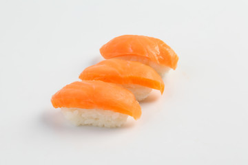 Salmon sushi on white background