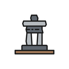 Inukshuk rock statue of Whistler mountain, Canada flat color line icon.