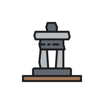 Inukshuk rock statue of Whistler mountain, Canada flat color line icon.