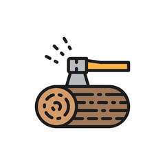 Vector wooden deck and ax flat color line icon.