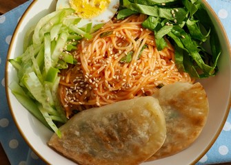 한국의 음식 비빔국수와 만두