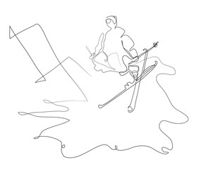 One continuous line drawing of Ski Jump.skier jumping over hill Simple line art drawing of Ski Jump.skier jumping over hill