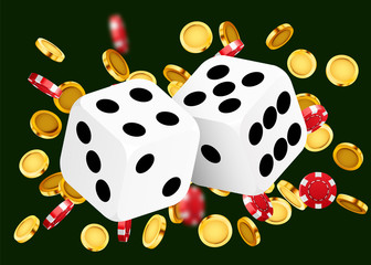 Two dices, surrounded by coin explosion. Luck banner. Casino concept.