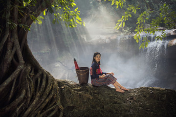 Portrait of beautiful rural woman wear Thai dress. Beautiful Thai woman,Thailand culture