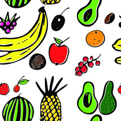 Beautiful colorful seamless pattern with fruit on a white background. There are: Avocado, strawberries, cherries, watermelon, pineapple, orange, coffee, banana, orange, apple, coconut, raspberry.