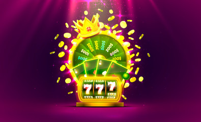 Casino golden colorful fortune wheel, Neon slot machine wins the jackpot.
