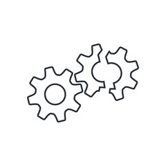 Whole and broken gears. System failure. Vector linear icon on a white background.