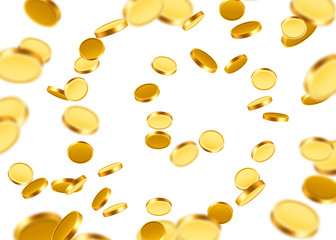 Realistic Gold Coins explosion. Isolated on transparent background.