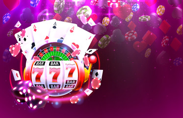 Casino 3d cover, slot machines and roulette with cards, Scene background art.