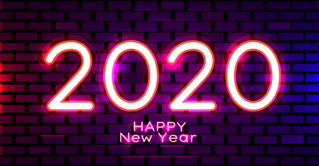 Fototapeta na wymiar 2020 Happy New Year Neon Text. 2020 New Year Design template for Seasonal Flyers and Greetings Card and Christmas themed invitations. Light Banner.