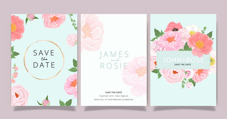 Fototapeta na wymiar Luxury rose Wedding Invitation set, invite thank you, rsvp modern card Design in pink and gray flower with leaf greenery branches decorative Vector elegant rustic template