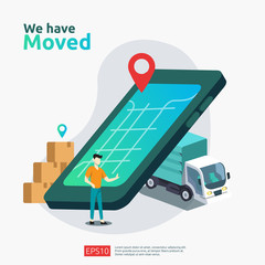 we have moved vector illustration concept. new location announcement business store, home or change office address for landing page template, mobile app, poster, banner, flyer, ui, web, and background