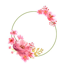 Watercolor elegant circle pink frame with flowers isolated on white background