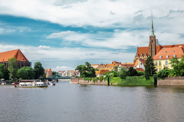 Naklejka premium Ostrow Tumski Cathedral island with Oder river in Wroclaw, Poland