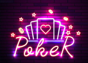 Casino poker signs. Neon logos slot machine gambling emblem, the bright banner neon casino for your projects. Night light billboard, design element.