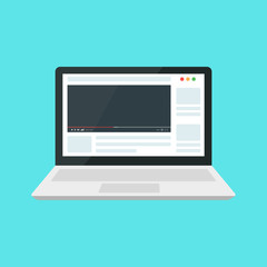 Laptop with video player on screen. Online video, watch movies, educational materials, web courses concepts. Vector illustration.