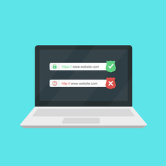 http and https protocols on shield on laptop screen. Secured vs not secured. Flat vector stock illustration.