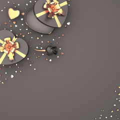 Happy Valentines Day, black rose flower heart shape gift box , gold confetti glitter on gray background. Greeting card design, flat lay, banner, layout, top view,  copy space text. 3D illustration.