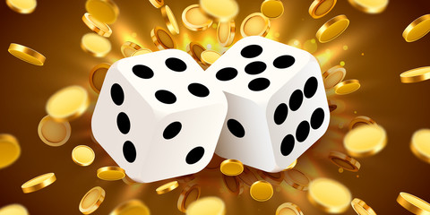 Two dices, surrounded by a luminous frame and coin explosion. Luck banner. Casino concept.