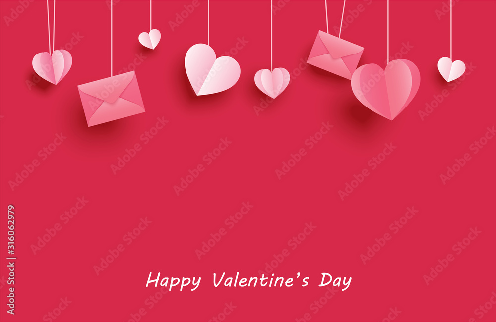 Wall mural happy valentines day greeting cards with paper hearts hanging on red pastel background.