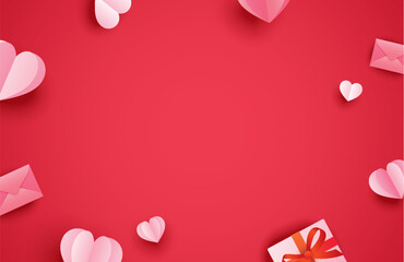 Happy valentines day greeting cards with paper hearts on red pastel background. - obrazy, fototapety, plakaty