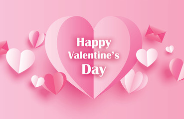 Happy valentines day greeting cards with paper hearts on pink pastel background.