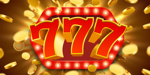 Jackpot 777 sign with gold realistic 3d coins background. - obrazy, fototapety, plakaty