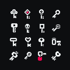 1 bit keys icons set. Design for logo game, sticker, web, mobile app, badges and patches. Isolated pixel art vector illustration. Game assets.