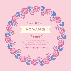 Modern shape of romance greeting card, with unique pattern of leaf and pink rose wreath frame. Vector