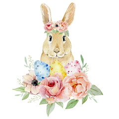 Watercolor Happy Easter egg nd funny bunny with botanical flowers clipart. Vintage Easter illustration for greating card, banner, party card, postcard.