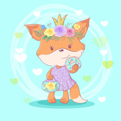 Cute cartoon fox girl in a wreath of roses flowers with a donut with icing. Vector illustration