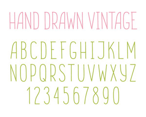 Hand-drawn vintage condensed thin type, latin letters and numbers