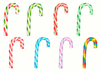 Set of  cristmas watercolor candy canes on white background. Isolated on white backgrpund. Multicolor: red, green, blue, pink,white, rainbow. Watercolor illustration.