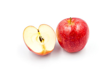 Red apple whole and halves piece isolated on white background