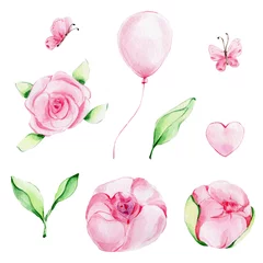 Muurstickers Rozen Set van roze pioenroos, roos, groene bladeren, roze ballon en vlinders  kan worden gebruikt voor kaarten  aquarel hand tekenen illustratie  met witte geïsoleerde achtergrond