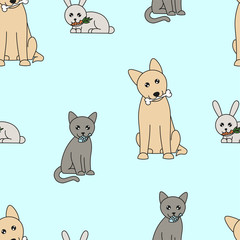 cute cartoon pets seamless pattern, dog, cat and rabbit with food in mouth on light blue background, editable vector illustration for print, decoration