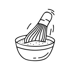 Doodle bowl with whisk isolated on white background. Contour illustration of matcha tea, whipping sauce or making dough. Hand drawn vector food icon. Black outline image for cooking