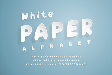 Fototapeta na wymiar Paper Italic alphabet. Bold white font, realistic paper cut out style. Uppercase and lowercase letters, numbers, marks and signs. Flying 3D typeface on gray-blue background