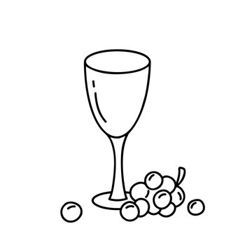 Contour empty glass with grapes. Doodle vector image. Hand drawn vertical drink concept. Outline illustration of wine. Cartoon icons on white background
