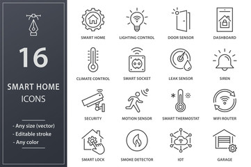 Smart home line icons set. Black vector illustration. Editable stroke.