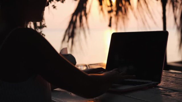 Beautiful young brunette business woman working on her laptop. Sky sunset behind her.