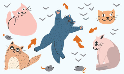 Hand drawn flat cute cats collection. Set of kittens with different emotions and poses. Vector colorful collection perfect for childish decoration clothes, patterns, stickers, cards, website