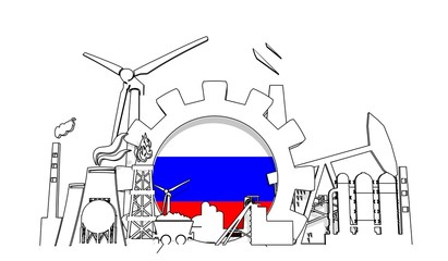 Energy and power industrial concept. Gear with flag of the Russia. Energy generation and heavy industry. 3D rendering. Thin line style
