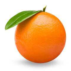 Ripe Orange with leaves isolated on white background. Clipping path.