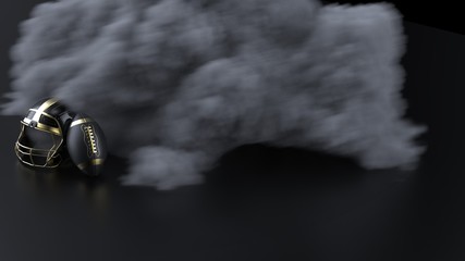 Fototapeta na wymiar American football gold-black helmet and Ball with dark black toned foggy blur smoke under black-white laser lighting. 3D illustration. 3D high quality rendering.